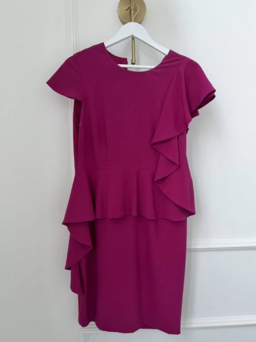 Magenta Peplum Sheath Dress with Asymmetrical Ruffle